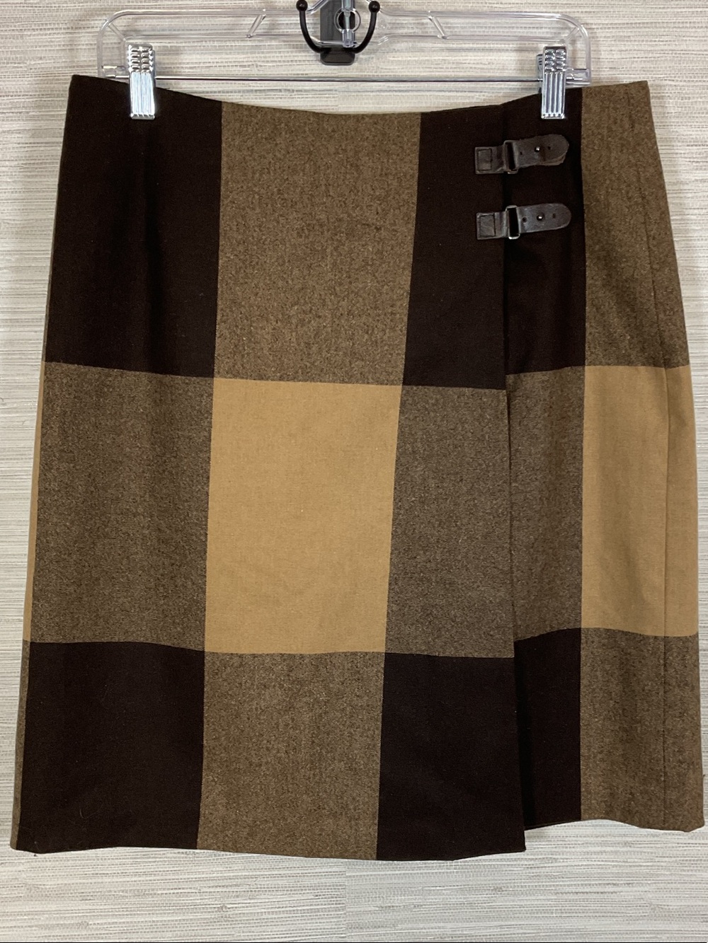 Vintage Eddie Bauer Plaid Wool Wrap Skirt Leather Buckle Brown Tan Sz 14
